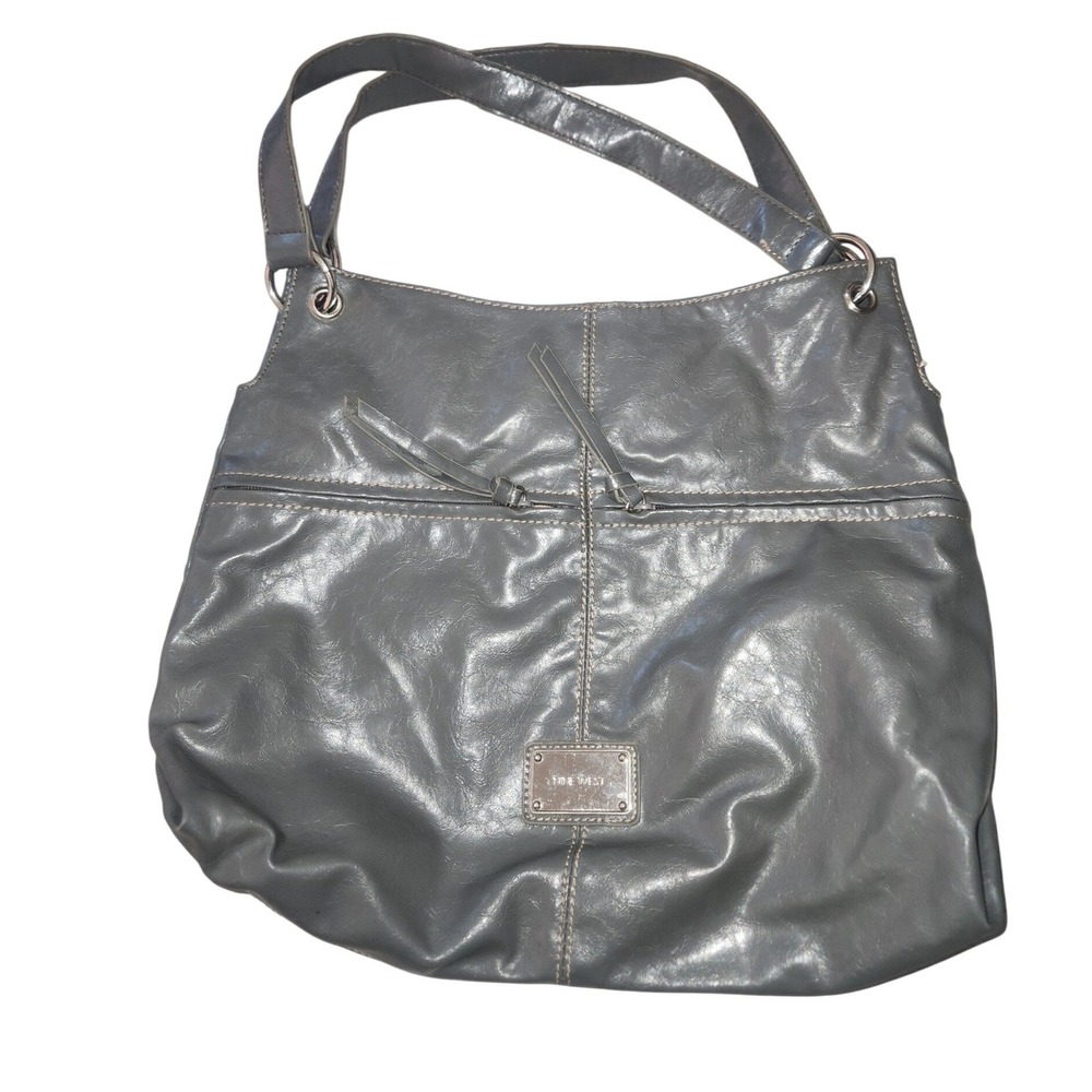 Nine West Slate Gray Faux Leather Hobo Shoulder Bag Silver Hardware Tote